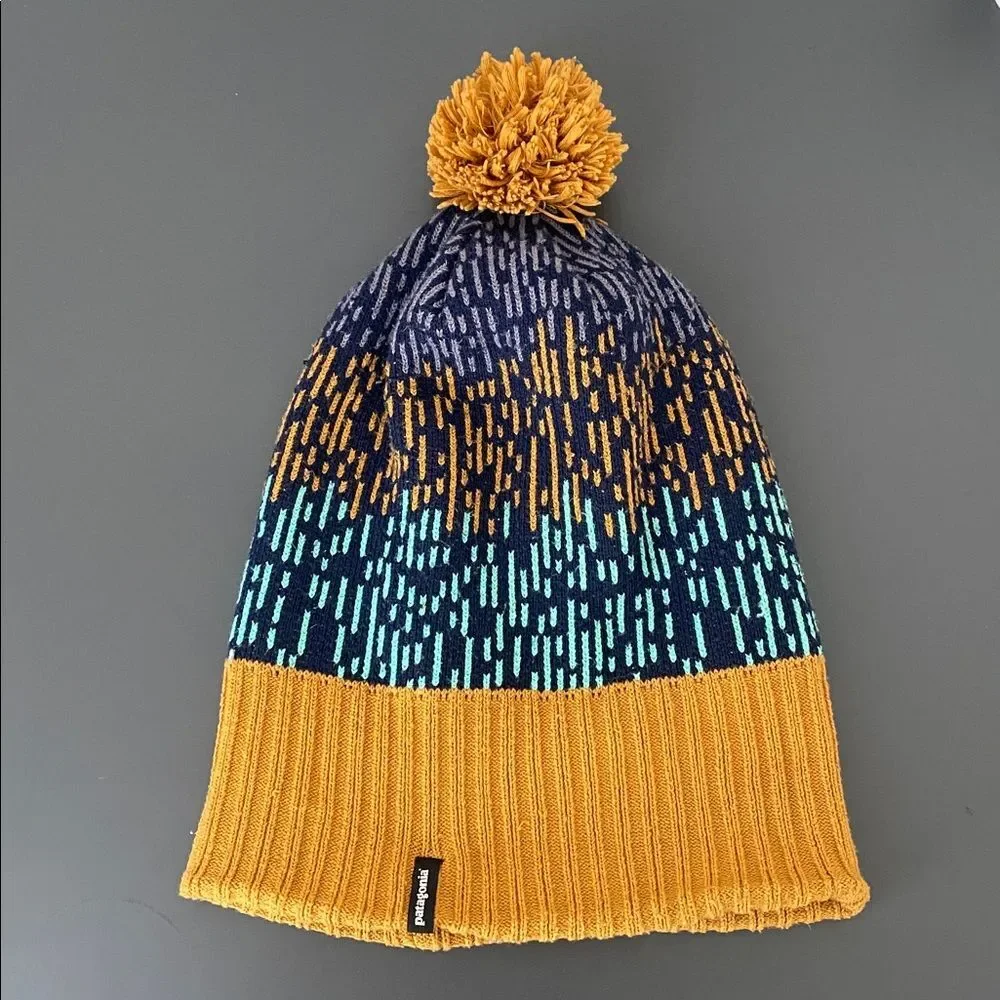 Patagonia Powder Town Beanie Blue Mustard Pom-Pom Unisex OS Outdoor Hiking Ski
